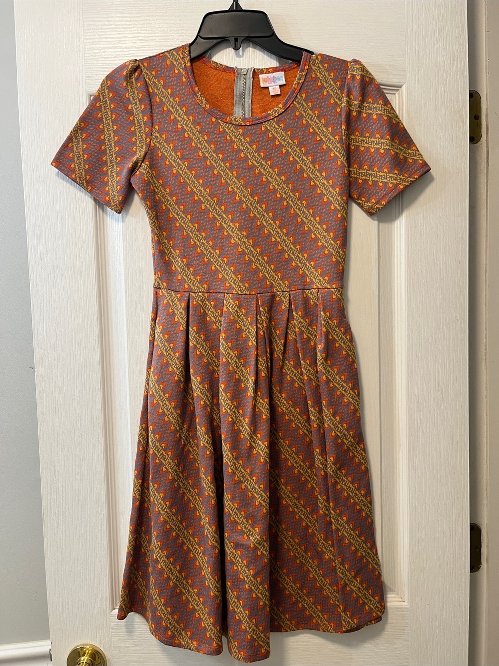 Short-Sleeve Orange Patterned Fit & Flare Dress
